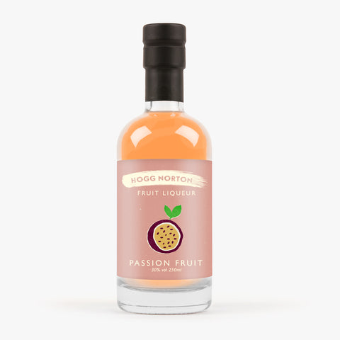 A gluten-free and vegan-friendly 250ml bottle of HoggNorton Passion fruit liqueur. Ideal for cocktails, Prosecco, Champagne, and desserts.