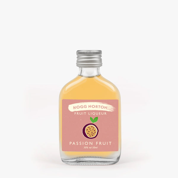 A gluten-free and vegan-friendly 50ml bottle of HoggNorton Passion fruit liqueur. Ideal for cocktails, Prosecco, Champagne, and desserts.