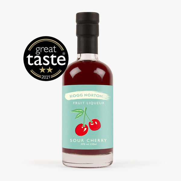 A gluten-free and vegan-friendly 250ml bottle of Hogg Norton Sour Cherry liqueur. Ideal for cocktails, Prosecco, Champagne, and desserts.