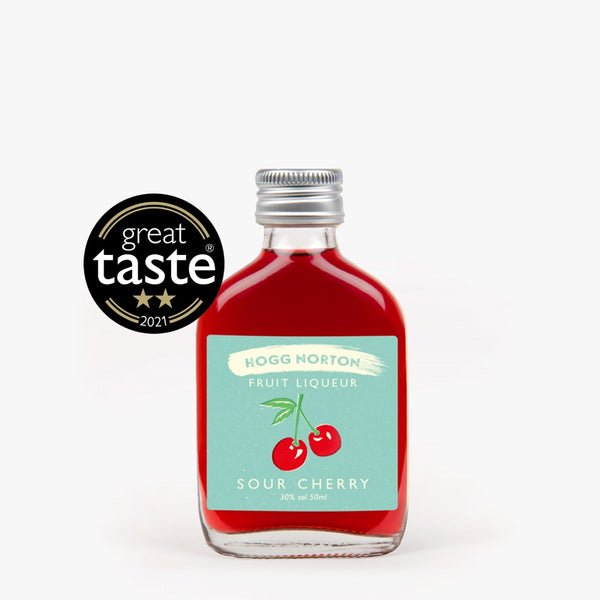 A gluten-free and vegan-friendly 50ml bottle of Hogg Norton Sour Cherry liqueur. Ideal for cocktails, Prosecco, Champagne, and desserts.