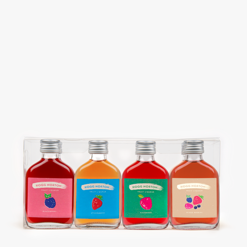 Gift pack of eight 50ml bottles of award-winning fruit liqueurs, featuring vibrant colors and variety of flavors in a clear display box, perfect for mixing or enjoying on its own. Gluten-free and vegan-friendly. hoggnorton, Liqueurs